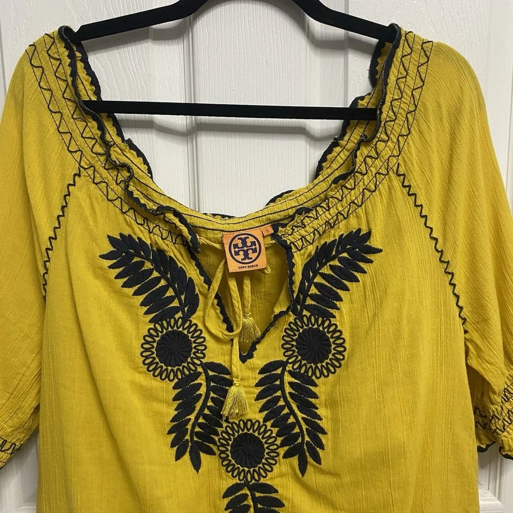 TORY BURCH Yellow&Blue Shirt Embroidered Tunic Top Oversized On/Off Shoulder-S